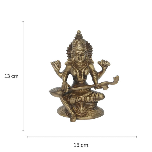 Handcrafted Brass Saraswati Idol | Enhance Your Home with Divine Knowledge | Brass Saraswati Murti ( Yellow, 6 inch) Aakrati