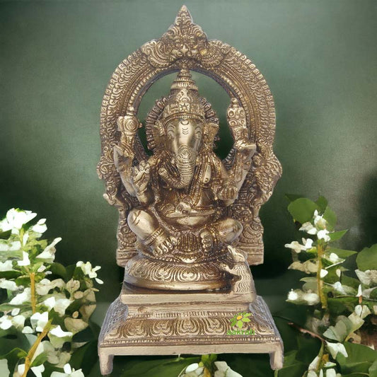 Majestic Brass Ganesha Murti | Royal Throne Idol for Sacred Spaces | Handcrafted Brass Ganesha Idol ( Brown, 7 inch) Aakrati