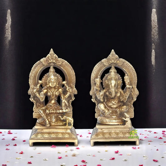 Sacred Brass Lakshmi Ganesha Pair | Handcrafted Murtis for Temple and Worship Space | Brass Lakshmi Ganesha Murti Set ( Yellow, 7 inch) Aakrati