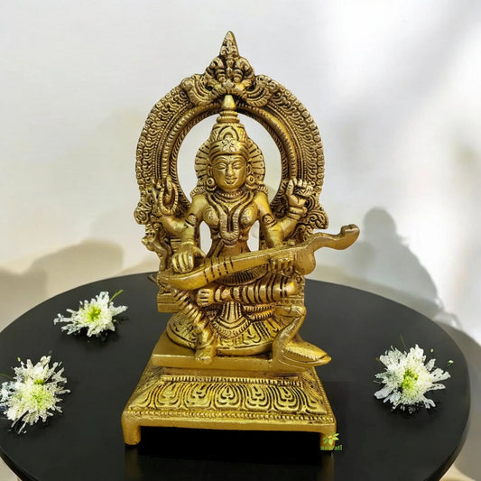Traditional Brass Saraswati Idol | Perfect Home Decor for Wisdom, Learning, and Arts | Handmade Saraswati Murti ( Yellow, 7 inch) Aakrati