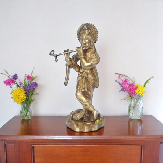 Handcrafted Brass Krishna Idol | Ideal for Puja, Festivals, and Spiritual Practices | Traditional Brass Krishna Idol ( Light Yellow, 11.5 inch)