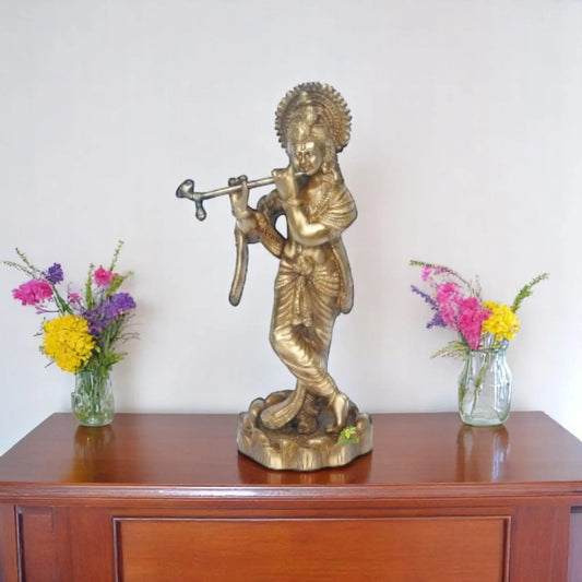 Handcrafted Brass Krishna Idol | Ideal for Puja, Festivals, and Spiritual Practices | Traditional Brass Krishna Idol ( Light Yellow, 11.5 inch) Aakrati