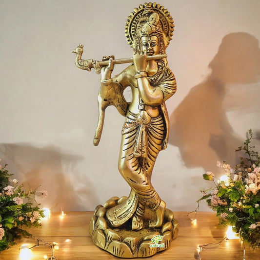 Handmade Brass Krishna Murti | Divine Idol for Home & Pooja Room | Brass Krishna Murti ( Yellow, 11.5 inch) Aakrati