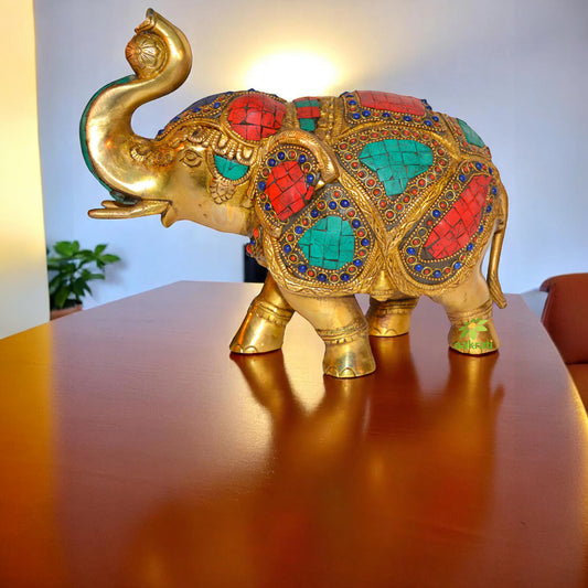Decorative Gift of Brass made elephant with turquoise coral stone work by Aakrati
