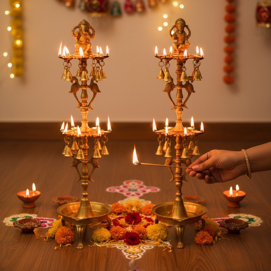 Brass Metal Lakshmi and Ganesha Figure Oil lamp