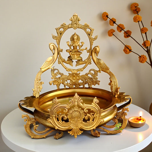Urli with Goddess Saraswati Idol Decorative Brass Made Urli Aakrati