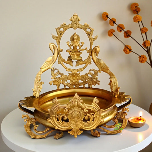 Urli with Goddess Saraswati Idol Decorative Brass Made Urli Aakrati