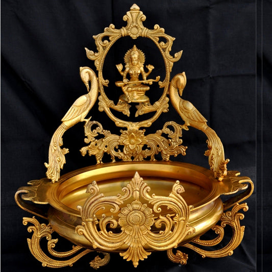 Urli with Goddess Saraswati Idol Decorative Brass Made Urli Aakrati
