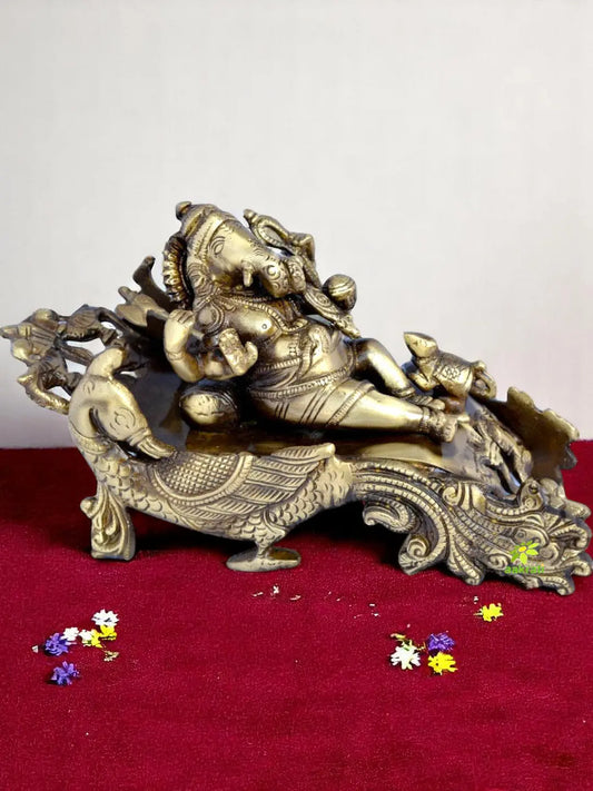 Premium Brass Ganesha Statue | Royal Throne Idol for Sacred Spaces | Handcrafted Brass Ganesha Idol ( Yellow, 10 inch) Aakrati