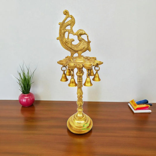 Brass Oil Lamp Stand with Bell | Perfect for Home and Temple Pooja | Brass Pooja Deepak with Bell ( Yellow, 17 inch)