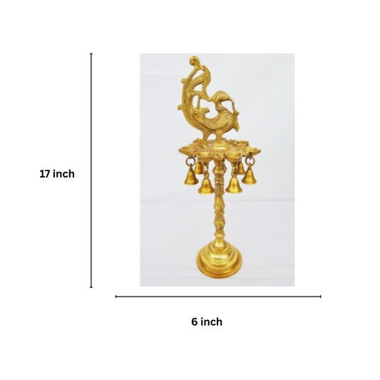 Brass Oil Lamp Stand with Bell | Perfect for Home and Temple Pooja | Brass Pooja Deepak with Bell ( Yellow, 17 inch)