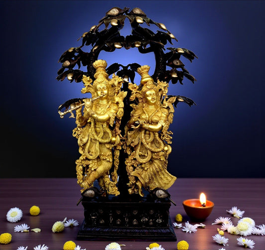 Handmade Brass Radha Krishna Idol | A Sacred Gift of Love and Devotion | Radha Krishna Brass Idol ( Yellow, 34 inch) Aakrati