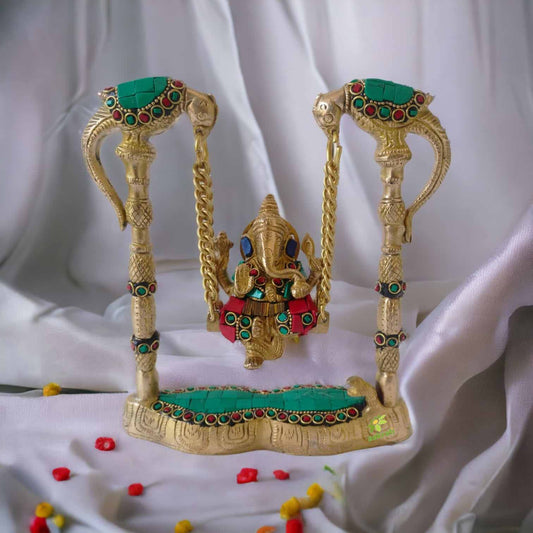Lord Ganesh Brass metal Lord idol Sculpture on Swing with stone work Aakrati