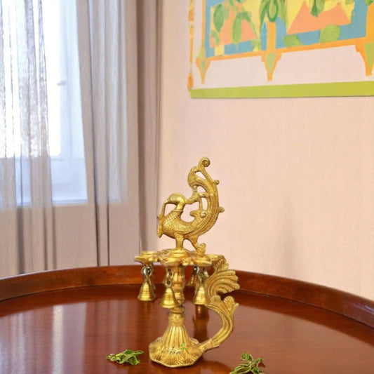Brass Peacock Oil Lamp with Bell | Beautiful Handcrafted Diya for Festivals | Handmade Brass Diya Stand for Home Temple ( Yellow, 16 inch) Aakrati