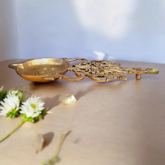 Brass Handmade Pooja Spoon | Elegant Spoon for Pooja and Religious Ceremonies | Brass Pooja Spoon ( Yellow, 11 inch) Aakrati