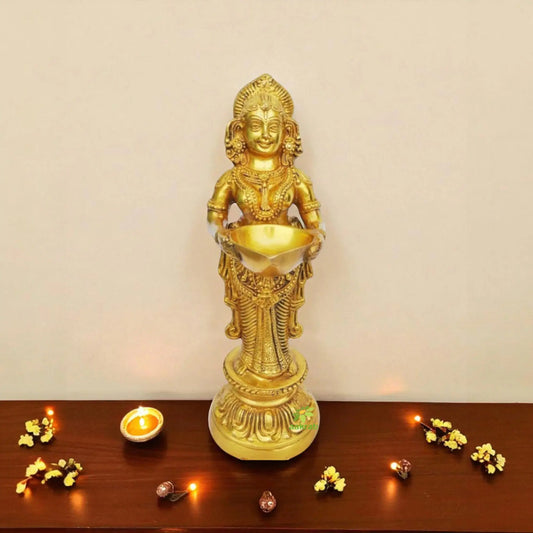 Brass Deep Laxmi Oil Lamp | Decorative Spiritual Lamp for Diwali and Pooja | Deep Laxmi Brass Oil Lamp ( Yellow, 14 inch) Aakrati