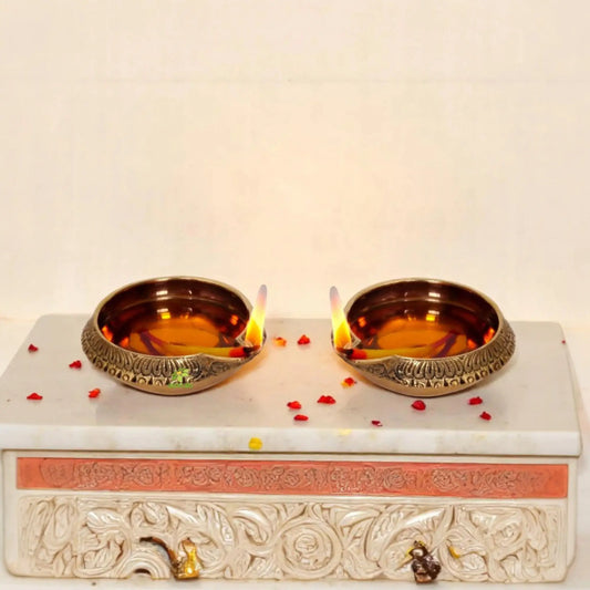 Handmade Indian Puja Brass Oil Lamp - Diya Lamp Engraved Design Dia - 3 inch (Set of 2) Aakrati