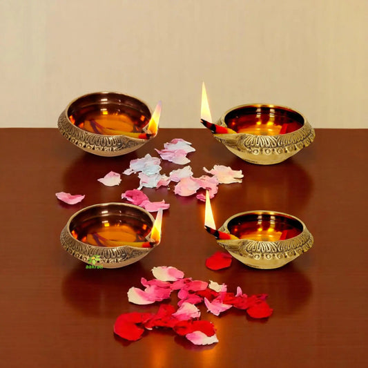 Handmade Indian Puja Brass Oil Lamp - Diya Lamp Engraved Design Dia - 3 inch (Set of 4) Aakrati