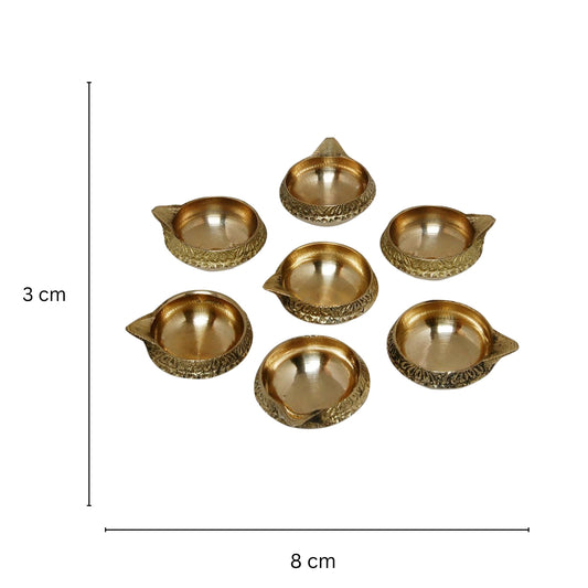 Handmade Indian Puja Brass Oil Lamp - Diya Lamp Engraved Design Dia - 3 inch (Set of 7)