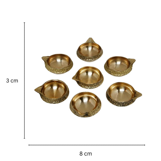 Handmade Indian Puja Brass Oil Lamp - Diya Lamp Engraved Design Dia - 3 inch (Set of 7) Aakrati