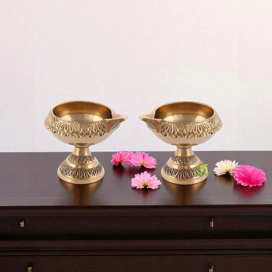 Aakrati Pure Brass Handcrafted Diwali Kuber Deepak On Stand Diya Oil Lamp For Puja Home Decor Pack of 2