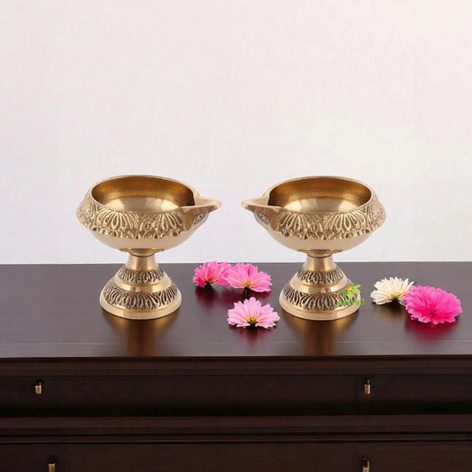 Aakrati Pure Brass Handcrafted Diwali Kuber Deepak On Stand Diya Oil Lamp For Puja Home Decor Pack of 2 Aakrati