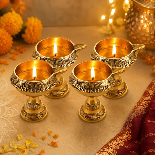 Pure Brass Handcrafted Diwali Kuber Deepak On Stand Diya Oil Lamp For Puja Home Decor Pack of 4