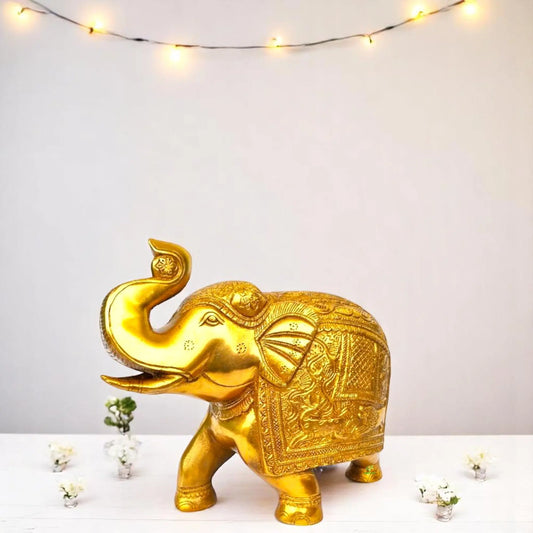 Brass Elephant Showpiece | Unique Decor for Living Room and Office | Brass Elephant Figurine ( Yellow, 10 inch) Aakrati