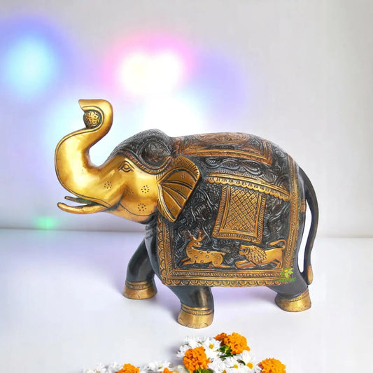 Brass Elephant Statue | Perfect for Festive and Spiritual Home Vibes | Handmade Elephant Figurine Showpiece ( Yellow, 10 inch) Aakrati