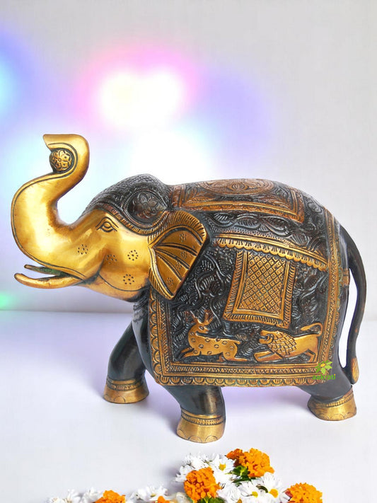 Brass Elephant Statue | Perfect for Festive and Spiritual Home Vibes | Handmade Elephant Figurine Showpiece ( Yellow, 10 inch)