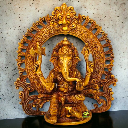 Brass Lord Ganesha Idol | Bless Your Sacred Space with Divine Power | Brass Ganesha Idol for Temple ( Yellow, 8 inch) Aakrati