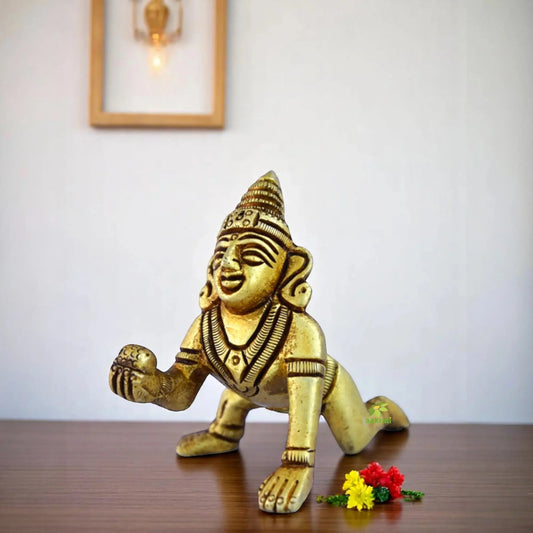 Handcrafted Brass Laddu Gopal Statue | Spiritual Blessings for Your Home | Brass Laddu Gopal Showpiece ( Yellow, 2.8 inch) Aakrati