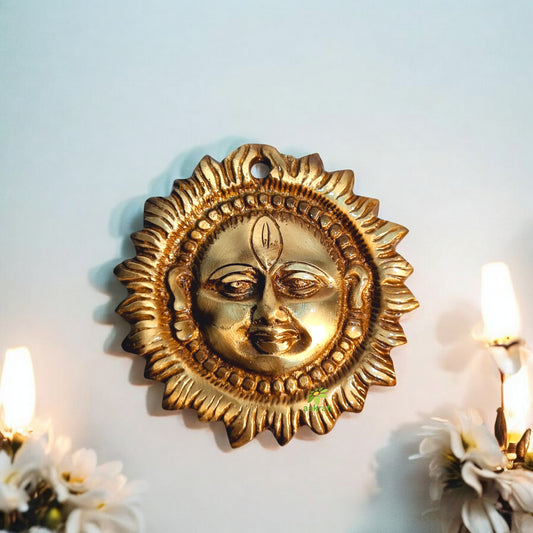 Brass Sun God Face Wall Hanging | Ideal for Festive & Everyday Décor | Antique Finish Brass Sun Face ( Yellow, 3.6 inch)