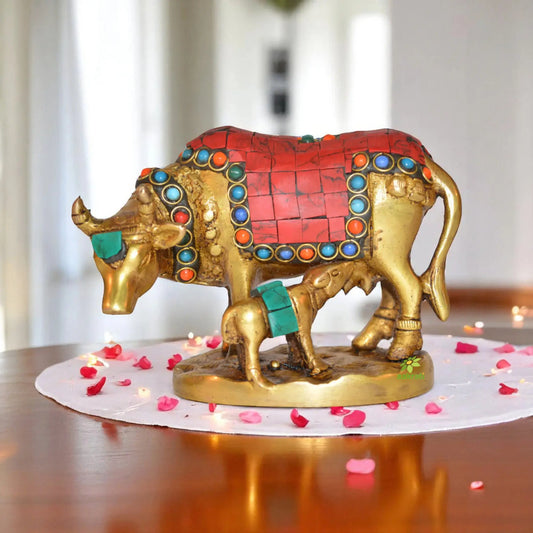 Aakrati brass metal Cow with Calf statue for home decor with stone work Aakrati