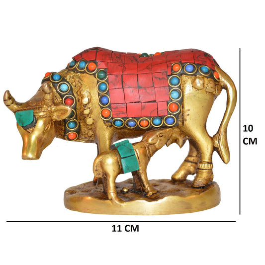 Aakrati brass metal Cow with Calf statue for home decor with stone work