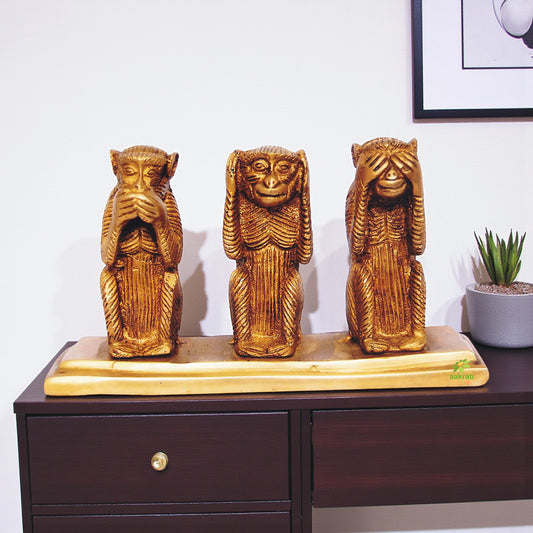 Handcrafted Brass Monkey Figurines | Stylish and Playful Decorative Piece for Your Home | Brass Monkey Statue Set ( Yellow, 7 inch)