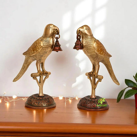 Elegent pair of Brass Parrot Bird Showpiece with welcome bells Decorative appeling Statue Colorful Figurine perfect finished Table Decor Aakrati