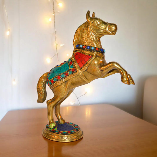Jumping Horse Statue Made in Brass Metal in Turquoise by Aakrati