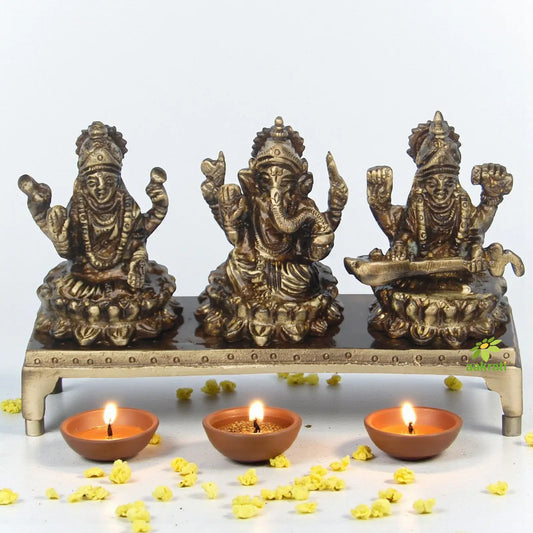 Brass Lakshmi, Ganesha & Saraswati on Chowki | Symbol of Prosperity, Wisdom & Blessings | Brass Religious Idol ( Brown, 5 inch) Aakrati