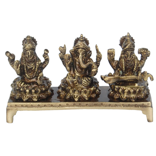 Brass Lakshmi, Ganesha & Saraswati on Chowki | Symbol of Prosperity, Wisdom & Blessings | Brass Religious Idol ( Brown, 5 inch) Aakrati