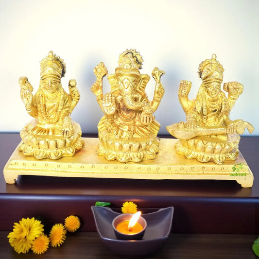 Brass Lakshmi Ganesha Saraswati Statues Set | Ideal for Diwali and Religious Home Decoration | Brass Religious Idol Showpieces ( Yellow, 5 inch) Aakrati