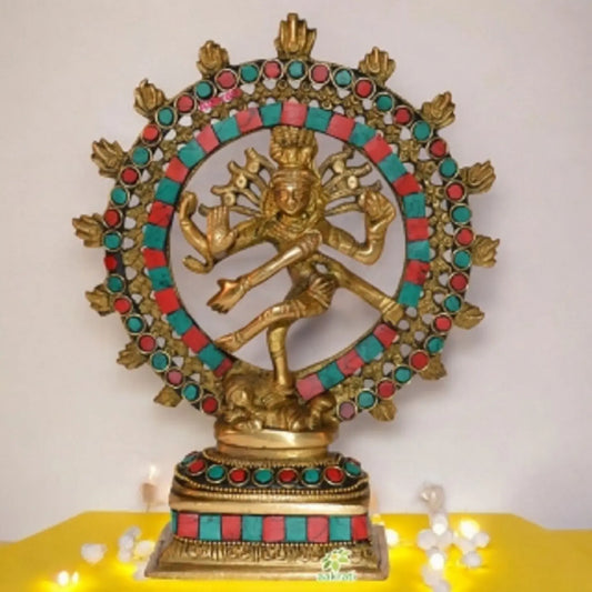 Natraj (Shankar Ji ) - Dancing Shiva with Turquoise coral stone work ( Multicolor, 8 inch) Aakrati