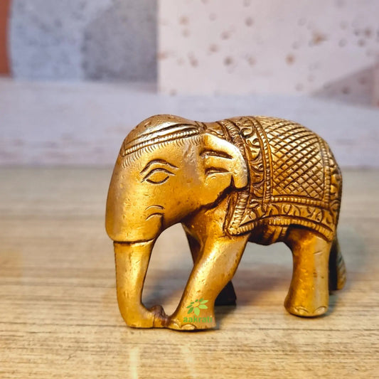 Brass Elephant Idol | Traditional Symbol of Good Fortune for Your Home | Handcrafted Brass Elephant Figurine ( Yellow, 3.5 inch) Aakrati