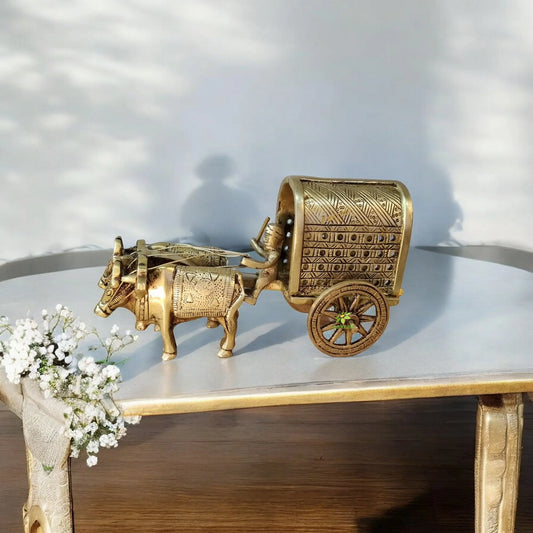 Brass Metal Home Decor Hand Made Bullock Cart ( Yellow, 6.5 inch) Aakrati
