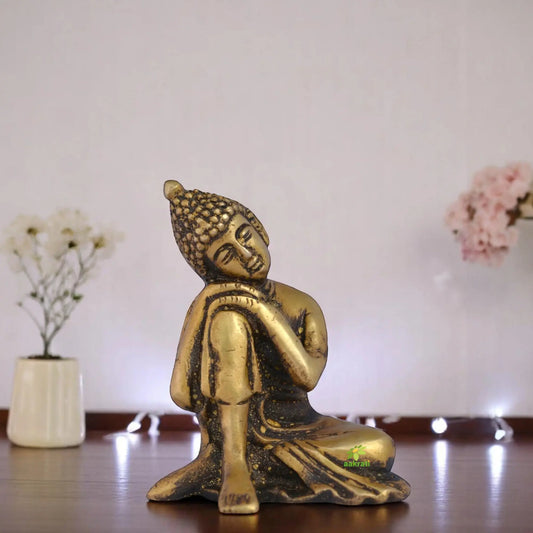 Brass Buddha in Peaceful Pose | Ideal Gift for Serenity | Handcrafted Brass Buddha Statue for Meditation and Calm ( Brown, 4 inch) Aakrati