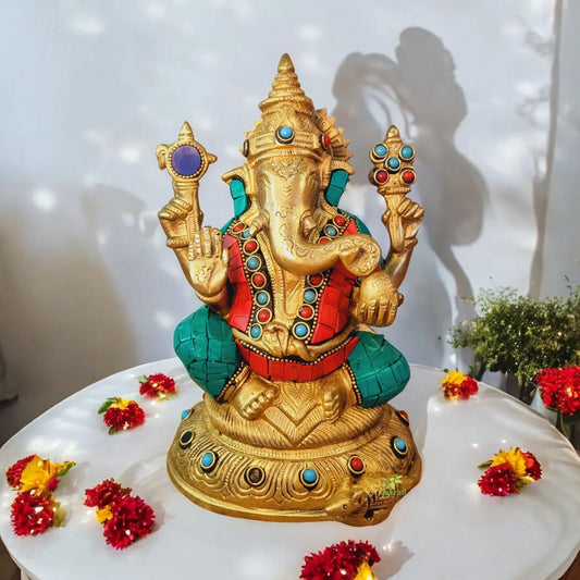 Lord Ganesha Brass Blessing Religious Satue for Prosperity ( Multicolor, 8 inch) Aakrati