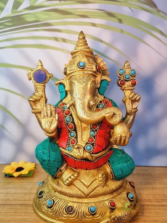 Lord Ganesha Brass Blessing Religious Satue for Prosperity ( Multicolor, 8 inch) Aakrati