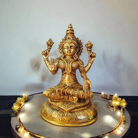 Traditional Brass Lakshmi Statue | Perfect for Puja and Festive Gifting | Brass Goddess Lakshmi Showpiece ( Yellow, 8 inch) Aakrati