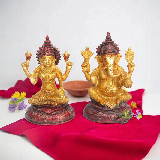 Handcrafted Brass Lakshmi Ganesha Idol | Perfect for Your Sacred Home Temple | Brass Lakshmi Ganesha Statue ( Yellow, 8.3 inch) Aakrati