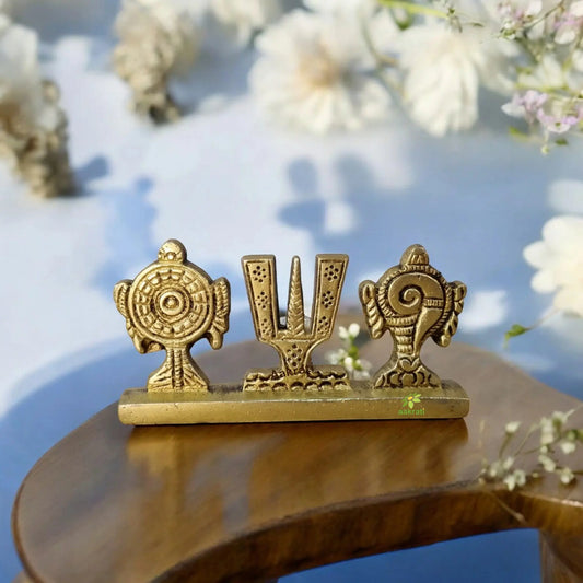 Brass Handmade Shankh Chakra Idol | Perfect for Home, Pooja, and Decor | Brass Shankh Chakra Decorative Figurine ( Yellow, 3.9 inch) Aakrati